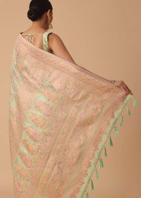 Green Kashmiri Handloom Saree With Thread Work And Unstitched Blouse Piece