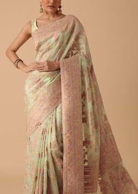 Green Kashmiri Handloom Saree With Thread Work And Unstitched Blouse Piece