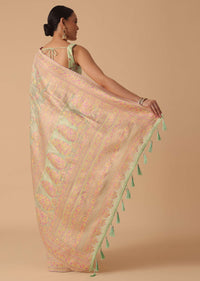 Green Kashmiri Handloom Saree With Thread Work And Unstitched Blouse Piece