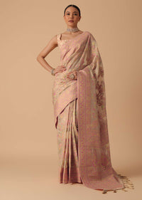 Beige Kashmiri Saree With Thread Detail And Unstitched Blouse Piece