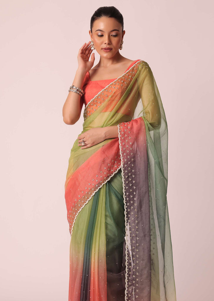 Multicolor Organza Saree With Cutdana Work And Unstitched Blouse Piece