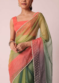 Multicolor Organza Saree With Cutdana Work And Unstitched Blouse Piece