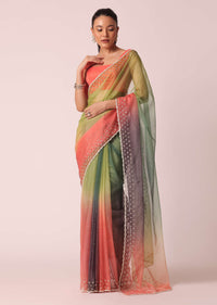 Multicolor Organza Saree With Cutdana Work And Unstitched Blouse Piece