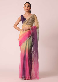 Multicolor Organza Ombre Saree With Scallop Border And Unstitched Blouse Piece