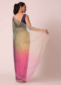 Multicolor Organza Ombre Saree With Scallop Border And Unstitched Blouse Piece