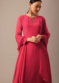 Red Kurta Set With Hand Embroidery And Organza Dupatta