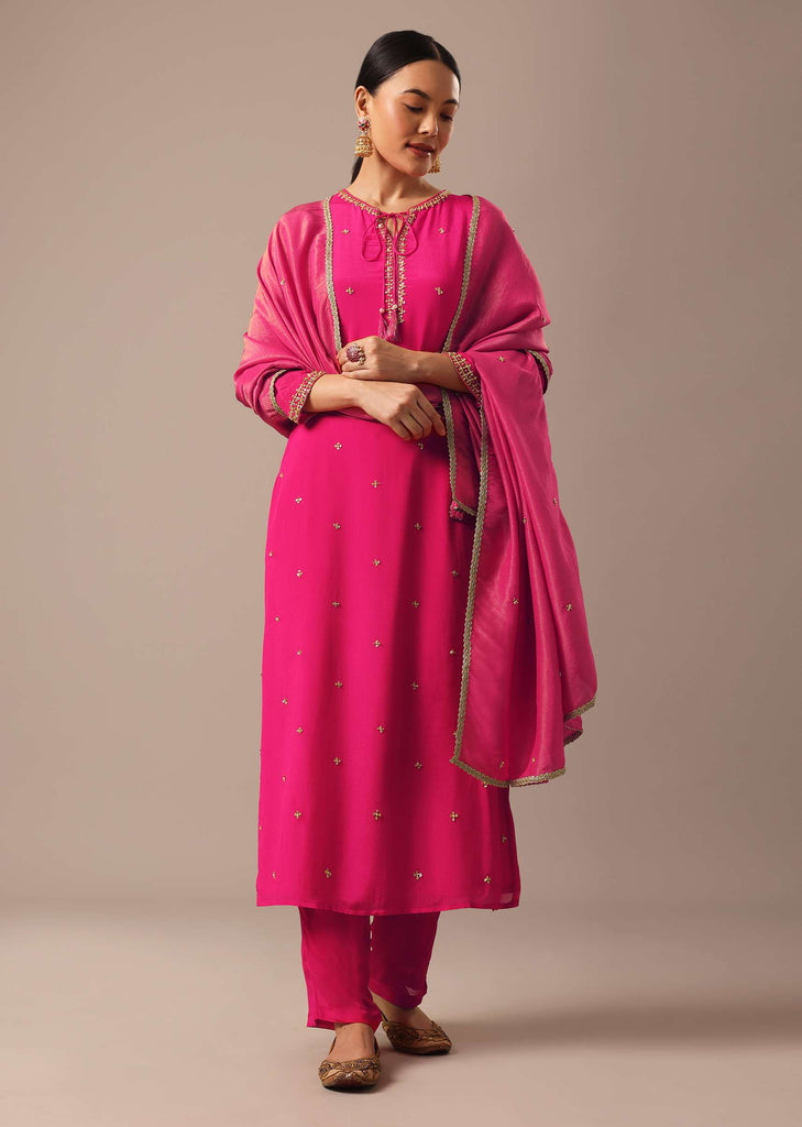 Pink Slim Fit Kurta Set With Sequin Hand Embellishments