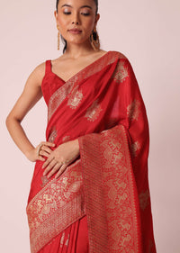 Red Dola Silk Saree With Brocade Weave And Unstitched Blouse Piece