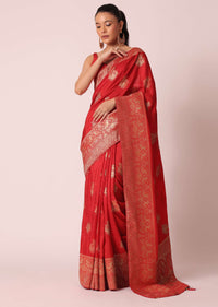 Red Dola Silk Saree With Brocade Weave And Unstitched Blouse Piece