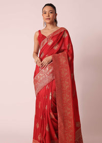 Red Dola Silk Saree With Brocade Weave And Unstitched Blouse Piece