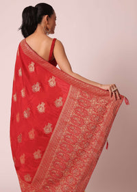 Red Dola Silk Saree With Brocade Weave And Unstitched Blouse Piece