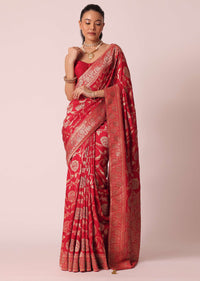 Red Saree in Dola Silk With Floral Weave And Unstitched Blouse Piece