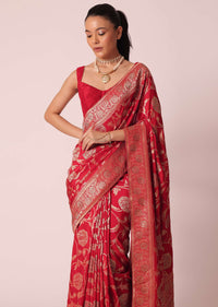 Red Saree in Dola Silk With Floral Weave And Unstitched Blouse Piece