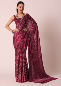 Maroon Bandhani Saree In Satin With Unstitched Blouse Piece