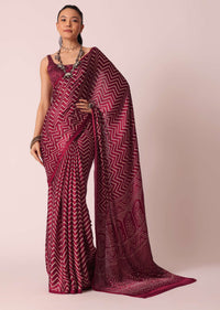 Maroon Bandhani Saree In Satin With Unstitched Blouse Piece