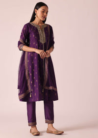 Purple Floral Print Kurta Set With Gota Lace Embroidery