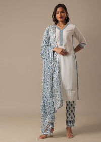 White Pant Set With Printed Kurta