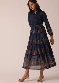 Blue Flared Kurti With Printed Detail And Belt