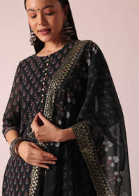 Black Foil Print Kurta Sharara Set