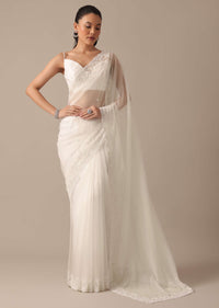 White Organza Saree With Bead Work Border And Unstitched Blouse Piece