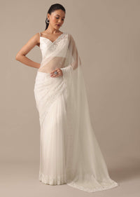 White Organza Saree With Bead Work Border And Unstitched Blouse Piece