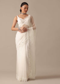 White Organza Saree With Cutdana Work And Unstitched Blouse Piece