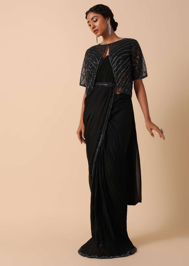 Elegant Pre Stitched Black Georgette Saree Set