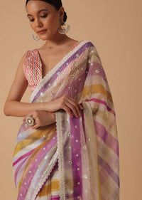 Pink Organza Striped Saree With Unstitched Blouse Piece