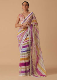 Pink Organza Striped Saree With Unstitched Blouse Piece