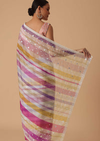 Pink Organza Striped Saree With Unstitched Blouse Piece