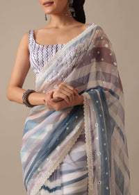 Blue Organza Striped Saree With Mirror Work And Unstitched Blouse Piece