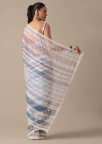 Blue Organza Striped Saree With Mirror Work And Unstitched Blouse Piece