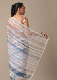 Blue Organza Striped Saree With Mirror Work And Unstitched Blouse Piece