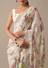 White Saree With Floral Prints And Unstitched Blouse Piece