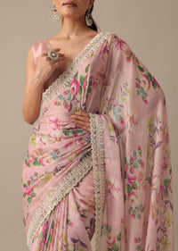 Pink Chiffon Saree With Floral Prints And Unstitched Blouse Piece