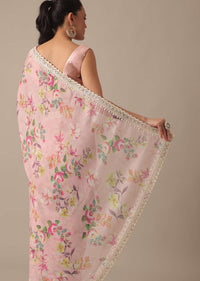 Pink Chiffon Saree With Floral Prints And Unstitched Blouse Piece