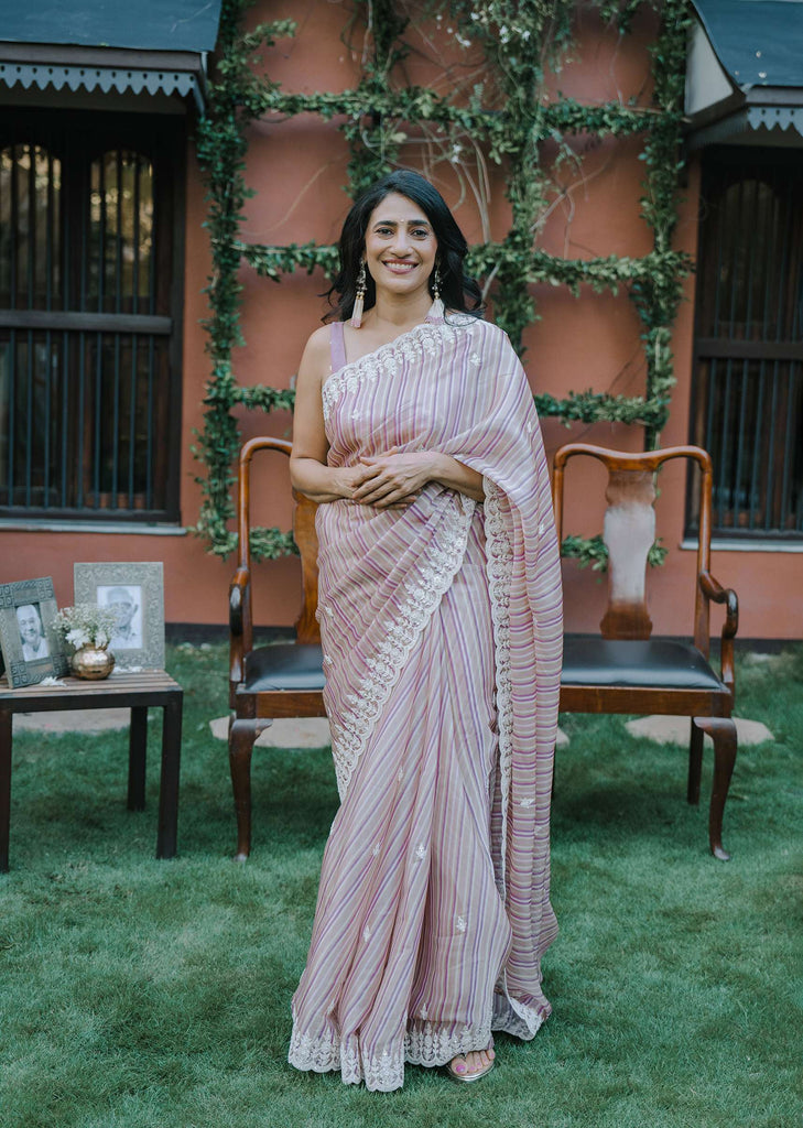 Pink Satin Saree With Belt And Unstitched Blouse Piece