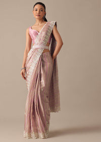 Pink Satin Saree With Belt And Unstitched Blouse Piece