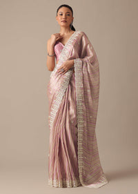 Pink Satin Saree With Belt And Unstitched Blouse Piece