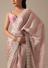 Pink Satin Saree With Belt And Unstitched Blouse Piece