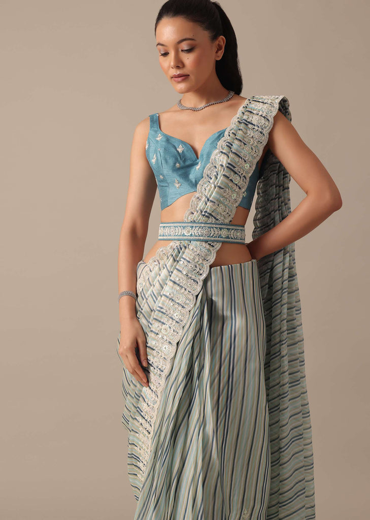Blue Striped Saree In Satin With Belt And Unstitched Blouse Piece