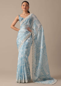 Blue Satin Saree With Printed Detail And Unstitched Blouse Piece