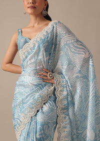 Blue Satin Saree With Printed Detail And Unstitched Blouse Piece