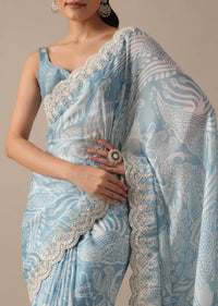 Blue Satin Saree With Printed Detail And Unstitched Blouse Piece