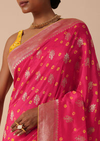 Pink Banarasi Silk Saree With Meenakari Weave Pallu And Unstitched Blouse Piece