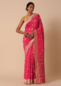 Pink Banarasi Silk Saree With Meenakari Weave Pallu And Unstitched Blouse Piece