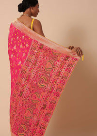 Pink Banarasi Silk Saree With Meenakari Weave Pallu And Unstitched Blouse Piece