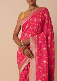 Pink Banarasi Silk Saree With Meenakari Weave Pallu And Unstitched Blouse Piece