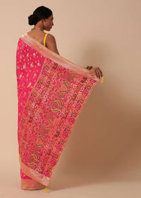 Pink Banarasi Silk Saree With Meenakari Weave Pallu And Unstitched Blouse Piece