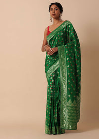 Green Dola Silk Banarasi Saree With Bandhani And Zari Weave